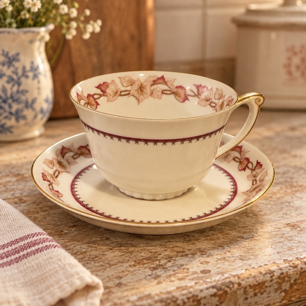 Narumi China Hartford Tea Cup Saucer Set Occupied Japan Pink Ivy Gold Trim
